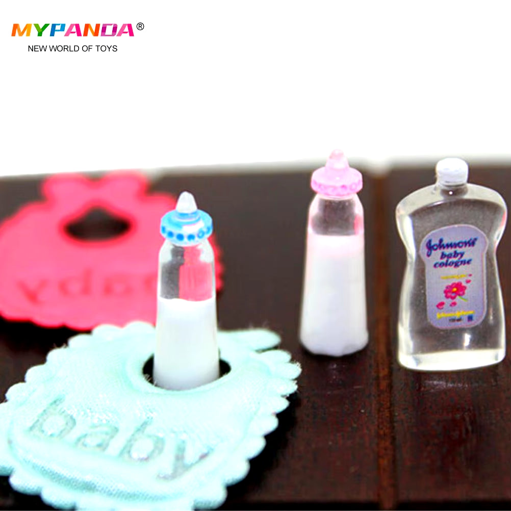 1Set 1:12 Dolls House Miniature Baby Bottles Shampoo Bibs Set Nursery Accessory Gift Baby Bottles Set