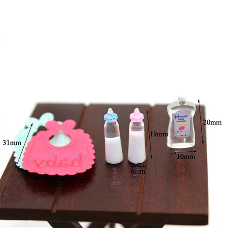 1:12 Dolls House Miniature Baby Bottles Shampoo Bibs Set Nursery Accessory Gift