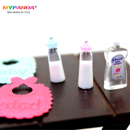 1Set 1:12 Dolls House Miniature Baby Bottles Shampoo Bibs Set Nursery Accessory Gift Baby Bottles Set