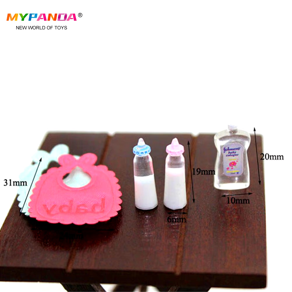 1Set 1:12 Dolls House Miniature Baby Bottles Shampoo Bibs Set Nursery Accessory Gift Baby Bottles Set